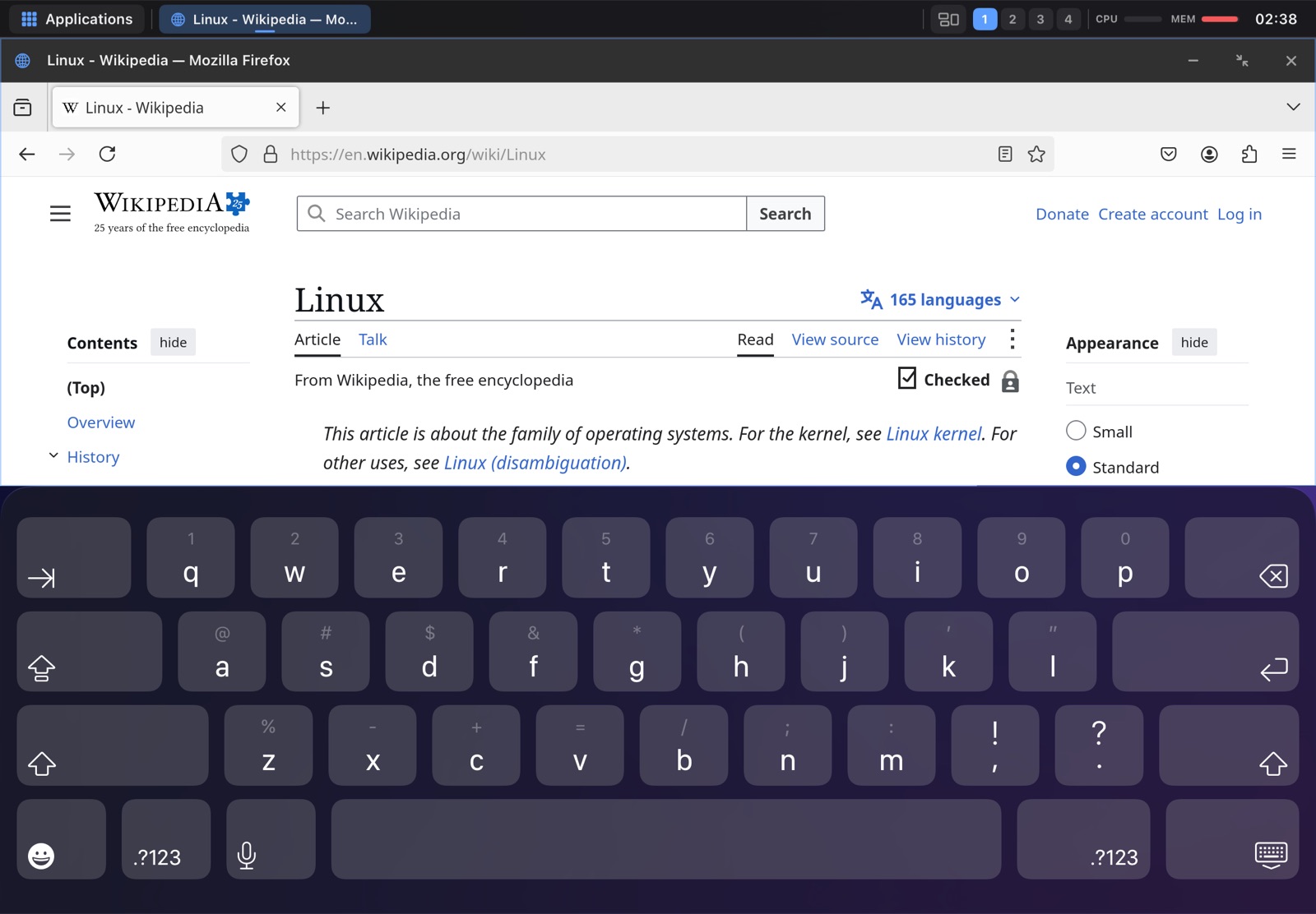 LinPad development desktop running Firefox with Wikipedia open