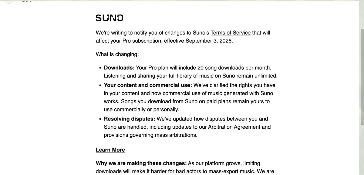 Email from Suno announcing that Pro plans are capped at 20 song downloads a month